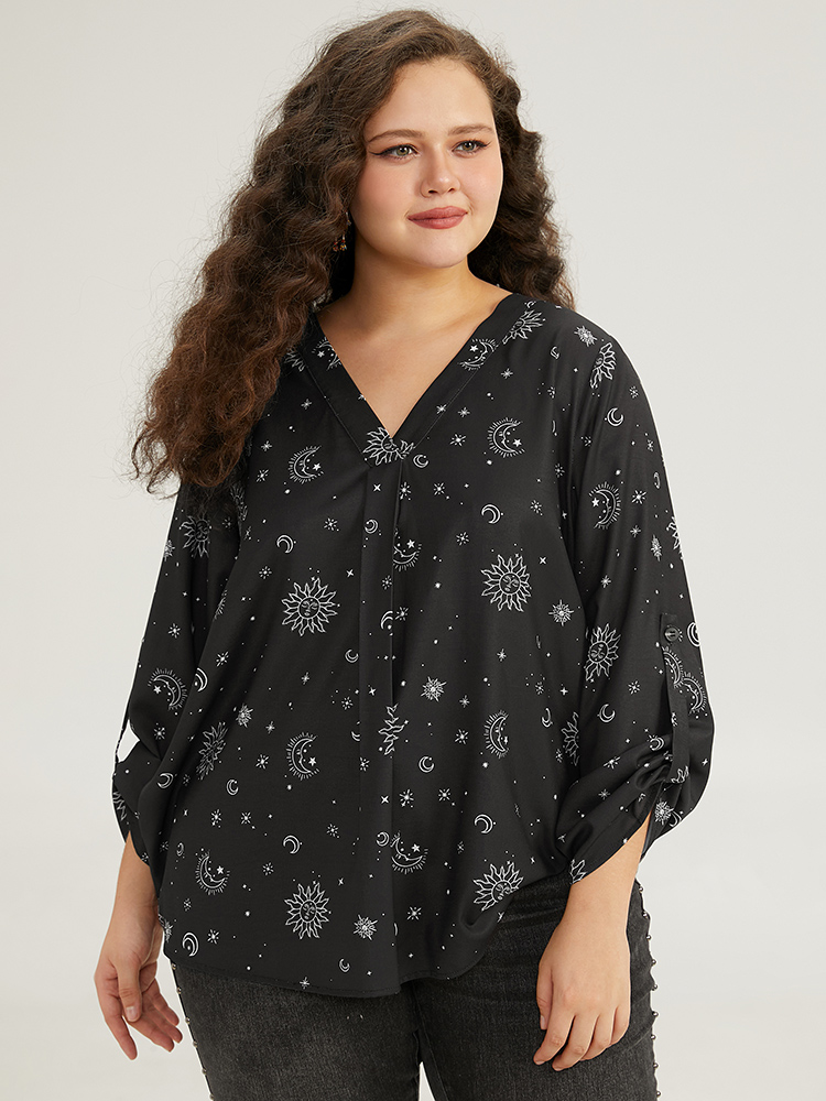 Plus Size Black Halloween Moon & Star Print Pleated Tab Sleeve Blouse Women Elegant Elbow-length sleeve V-neck Festival-Halloween Blouses BloomChic 10/M 