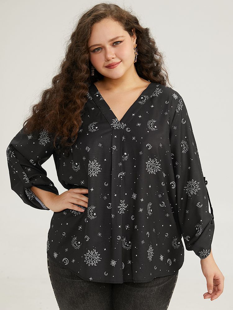 Plus Size Black Halloween Moon & Star Print Pleated Tab Sleeve Blouse Women Elegant Elbow-length sleeve V-neck Festival-Halloween Blouses BloomChic 10/M 