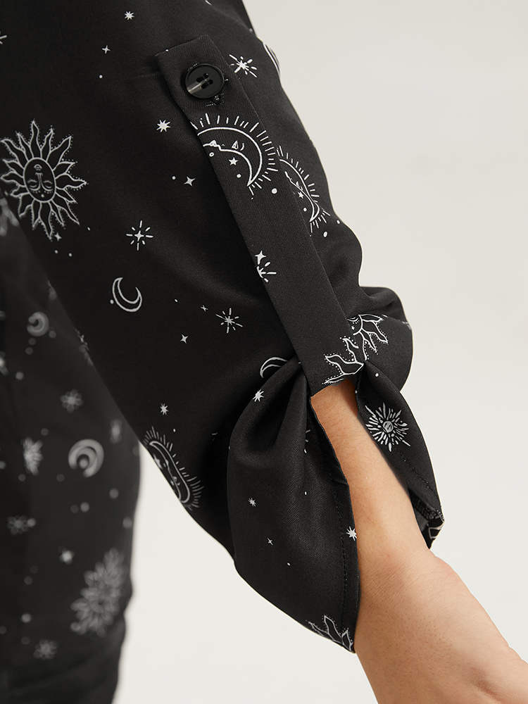 Plus Size Black Halloween Moon & Star Print Pleated Tab Sleeve Blouse Women Elegant Elbow-length sleeve V-neck Festival-Halloween Blouses BloomChic 10/M 
