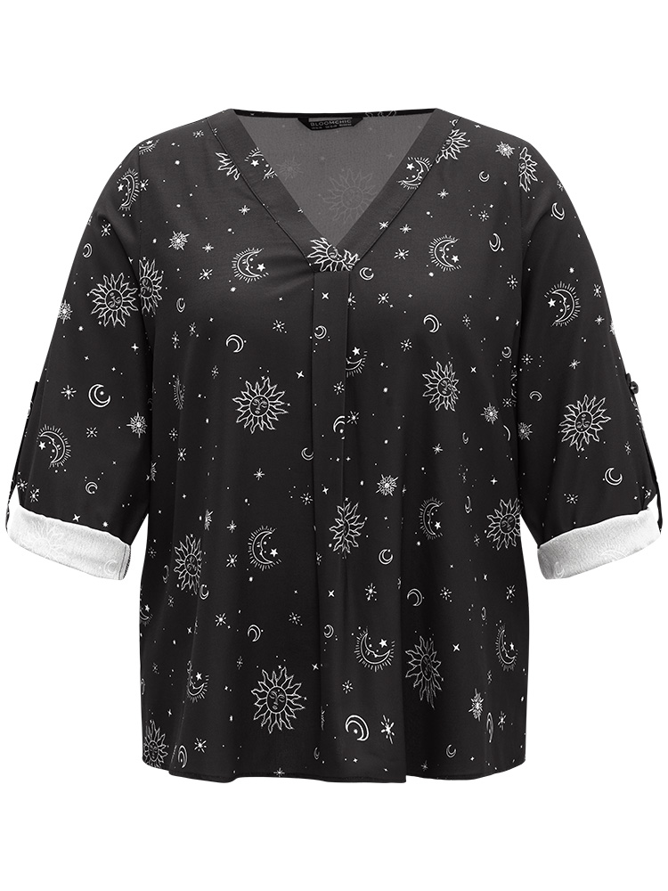 Plus Size Black Halloween Moon & Star Print Pleated Tab Sleeve Blouse Women Elegant Elbow-length sleeve V-neck Festival-Halloween Blouses BloomChic 10/M 