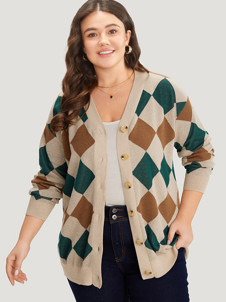 

Plus Size Argyle Plaid Contrast Button Up Cardigan Multicolor Women Casual Loose Long Sleeve Dailywear Cardigans BloomChic
