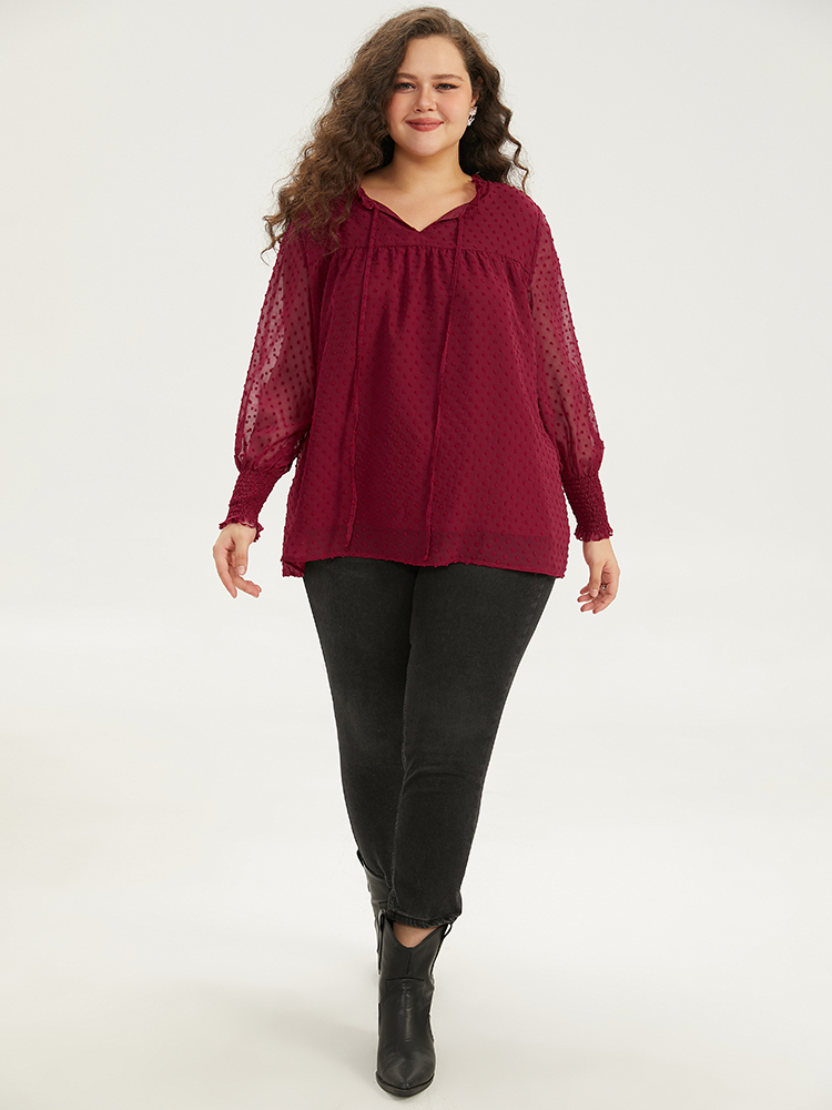 Plus Size Scarlet Halloween Solid Tie Neck Shirred Blouse Women Elegant Long Sleeve Tie Neck Festival-Halloween Blouses BloomChic 12/L 