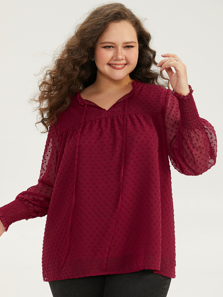 Plus Size Scarlet Halloween Solid Tie Neck Shirred Blouse Women Elegant Long Sleeve Tie Neck Festival-Halloween Blouses BloomChic 12/L 