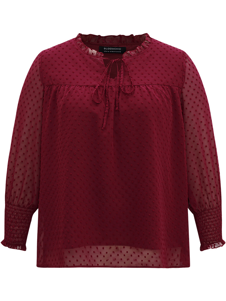 Plus Size Scarlet Halloween Solid Tie Neck Shirred Blouse Women Elegant Long Sleeve Tie Neck Festival-Halloween Blouses BloomChic 12/L 