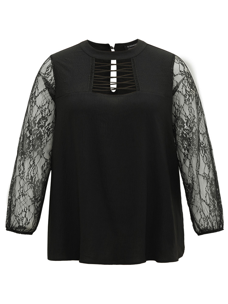 

Plus Size Black Halloween Eyelet Lace Cut Out Mesh Blouse Women Elegant Long Sleeve Keyhole Cut-Out Festival-Halloween Blouses BloomChic