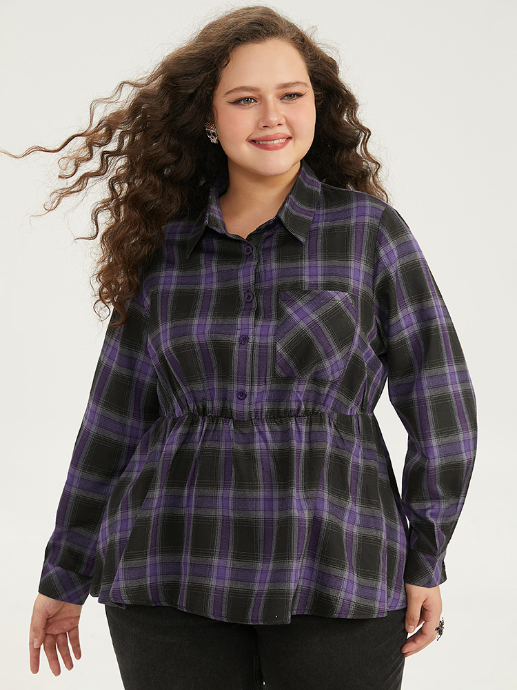 

Plus Size Purple Halloween Plaid Shirt Collar Button Up Pocket Blouse Women Elegant Long Sleeve Shirt collar Dailywear Blouses BloomChic