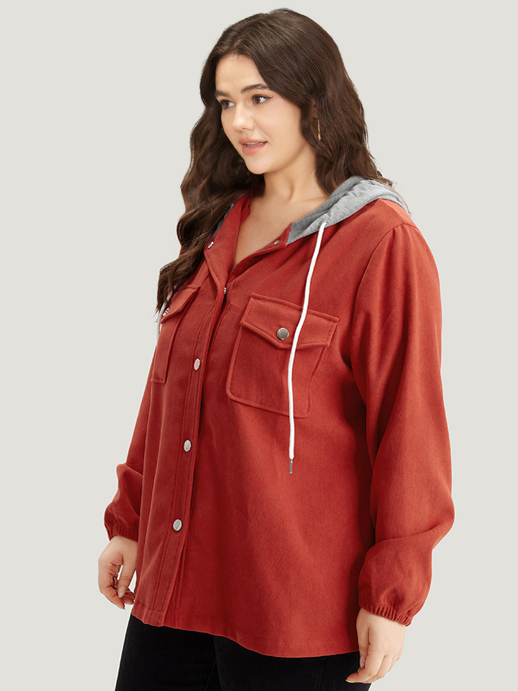 

Plus Size Contrast Patchwork Button Through Hooded Drawstring Corduroy Coat Women OrangeRed Contrast Pocket Dailywear Jackets BloomChic