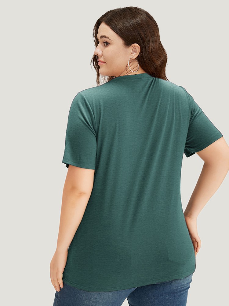Plus Size Feather Print V Neck T-shirt Teal Women Casual Printed Art&design Dailywear T-shirts BloomChic 26/4X 