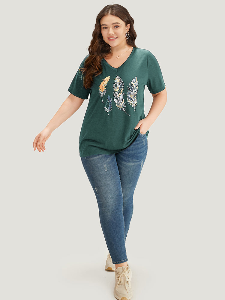 Plus Size Feather Print V Neck T-shirt Teal Women Casual Printed Art&design Dailywear T-shirts BloomChic 26/4X 