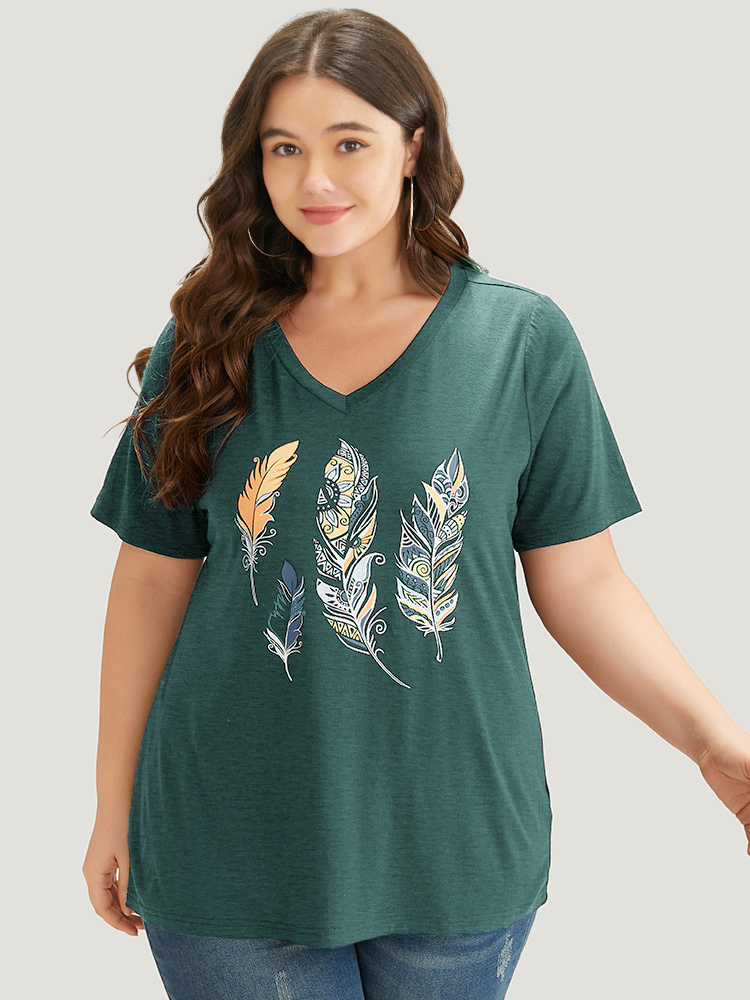 Plus Size Feather Print V Neck T-shirt Teal Women Casual Printed Art&design Dailywear T-shirts BloomChic 26/4X 