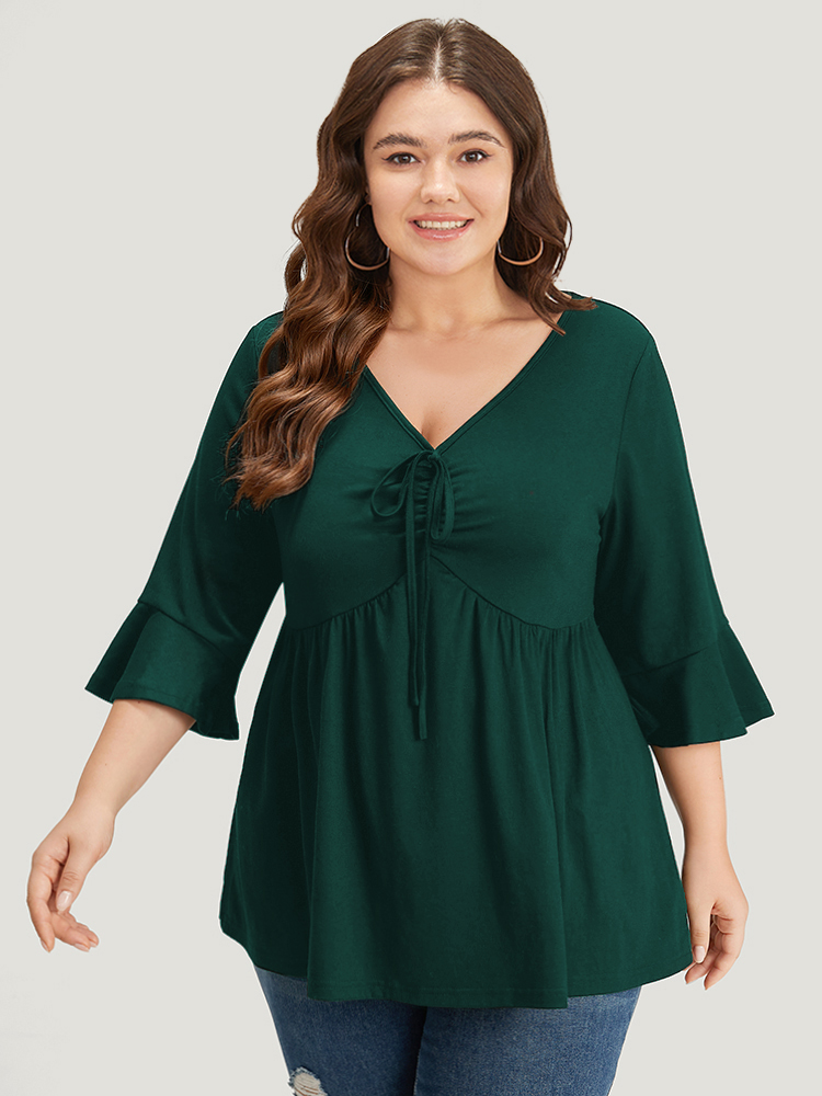 

Plus Size Solid Drawstring Gathered Flutter Sleeve T-shirt DarkGreen V-neck Elbow-length sleeve Elegant Jersey Tops