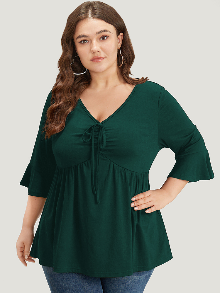 

Plus Size Solid Drawstring Gathered Flutter Sleeve T-shirt DarkGreen Women Elegant Plain Plain V-neck Dailywear T-shirts BloomChic