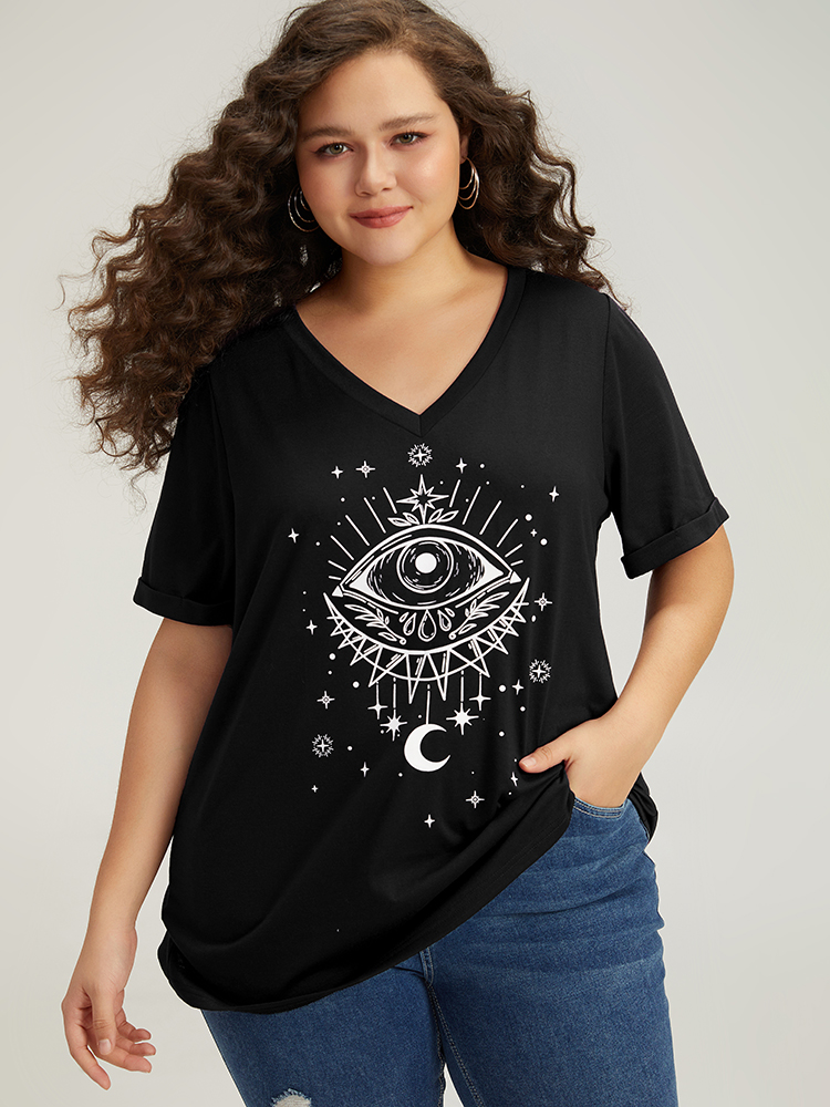 

Plus Size Halloween Horoscope Print V Neck T-shirt Black Women Casual Printed Tarot elements V-neck Dailywear T-shirts BloomChic