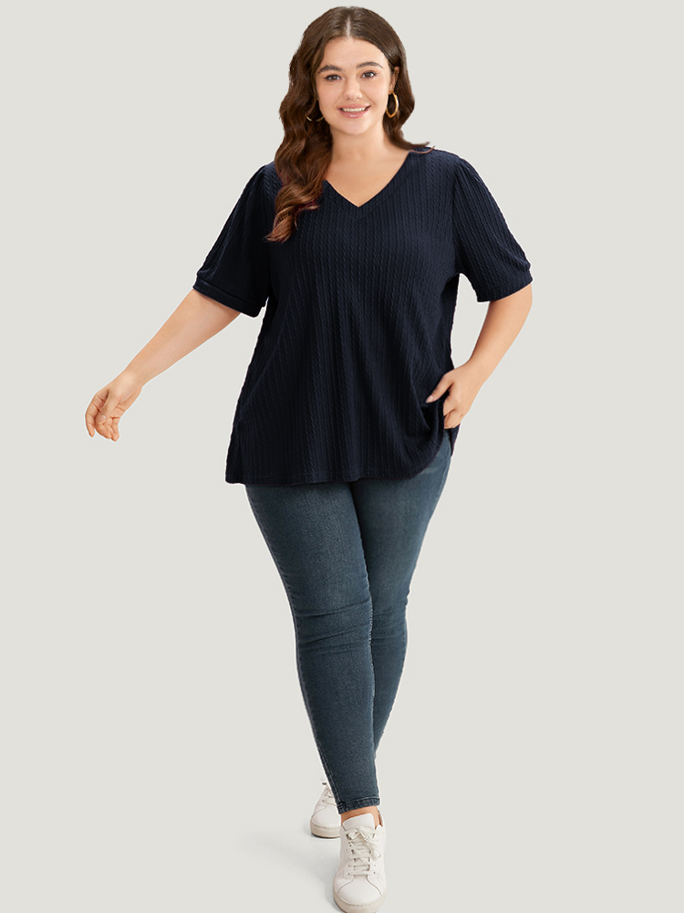 

Plus Size Plain Texture V Neck Gathered Lantern Sleeve T-shirt DarkBlue Women Casual Texture Plain V-neck Dailywear T-shirts BloomChic