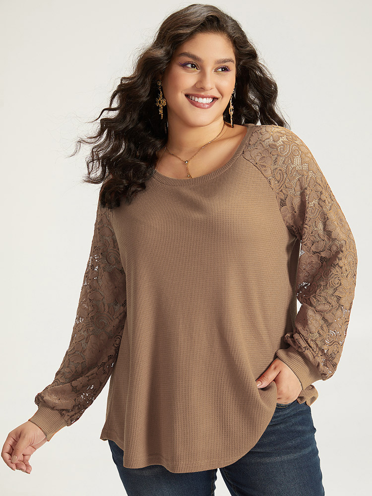 

Plus Size Plain Lace Panel Round Neck Raglan Sleeve T-shirt LightBrown Round Neck Long Sleeve Elegant Jersey Tops