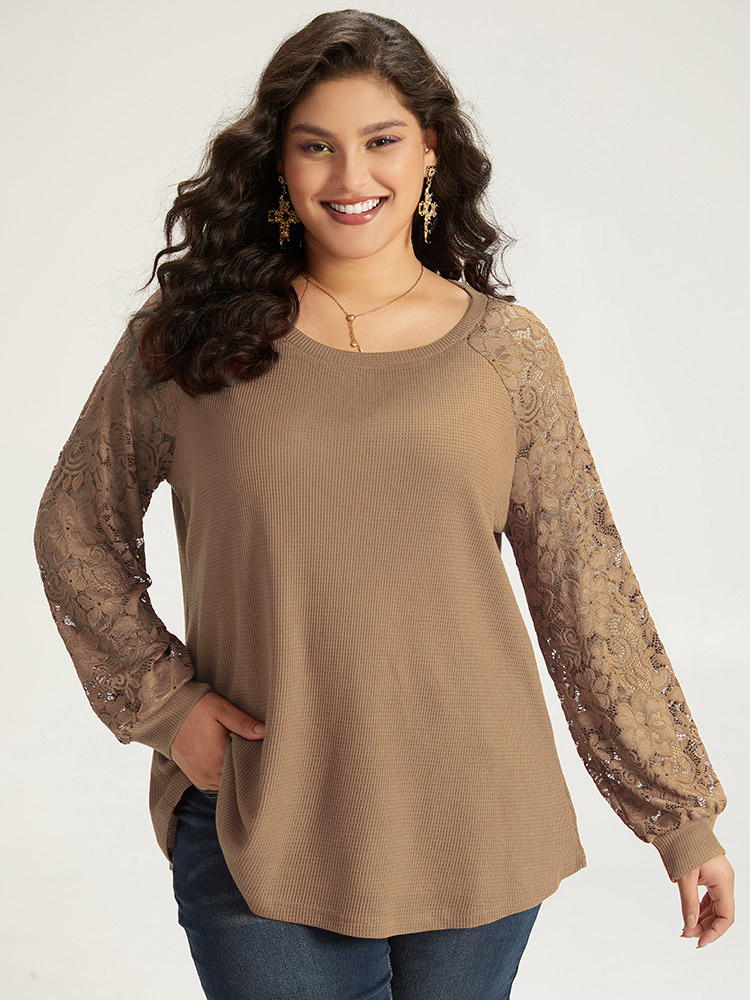 

Plus Size Plain Lace Panel Round Neck Raglan Sleeve T-shirt LightBrown Round Neck Long Sleeve Elegant Jersey Tops