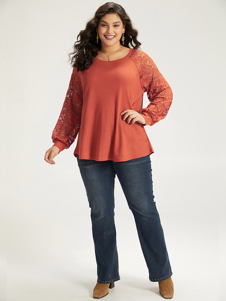 

Plus Size Plain Lace Panel Round Neck Raglan Sleeve T-shirt OrangeRed Round Neck Long Sleeve Elegant Jersey Tops