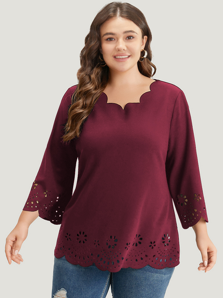 

Plus Size Plain Laser Cut Scalloped Trim T-shirt Burgundy V-neck Elbow-length sleeve Elegant Jersey Tops