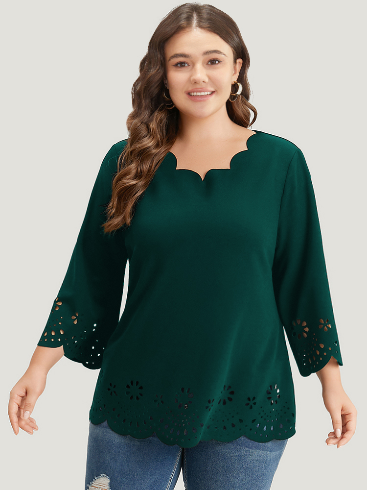 

Plus Size Plain Laser Cut Scalloped Trim T-shirt DarkGreen V-neck Elbow-length sleeve Elegant Jersey Tops