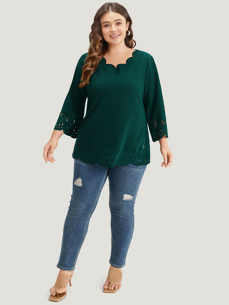 

Plus Size Plain Laser Cut Scalloped Trim T-shirt DarkGreen V-neck Elbow-length sleeve Elegant Jersey Tops