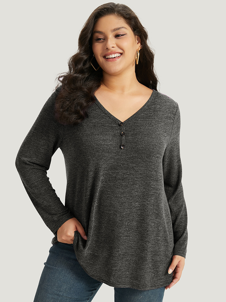 

Plus Size Heather Button Up Long Sleeve T-shirt Black Women Casual Heather Plain V-neck Everyday T-shirts BloomChic