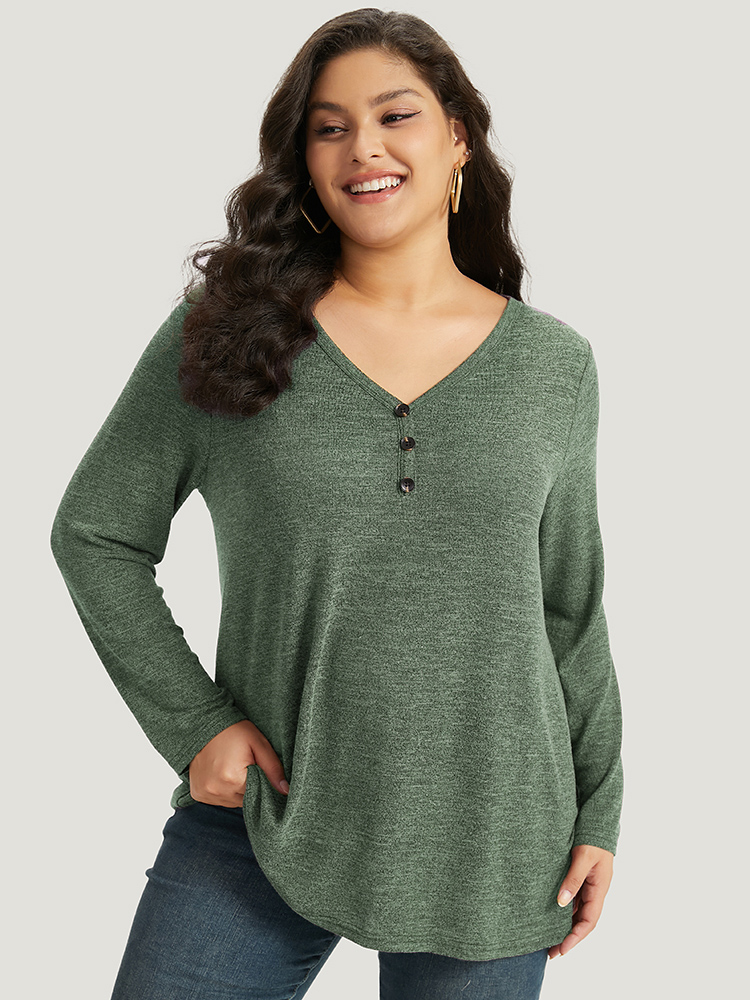 

Plus Size Heather Button Up Long Sleeve T-shirt Emerald Women Casual Heather Plain V-neck Everyday T-shirts BloomChic