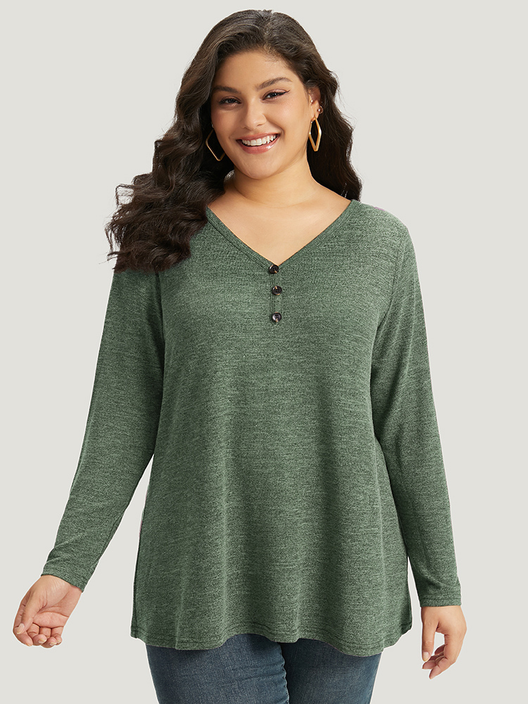 

Plus Size Heather Button Up Long Sleeve T-shirt Emerald Women Casual Heather Plain V-neck Everyday T-shirts BloomChic