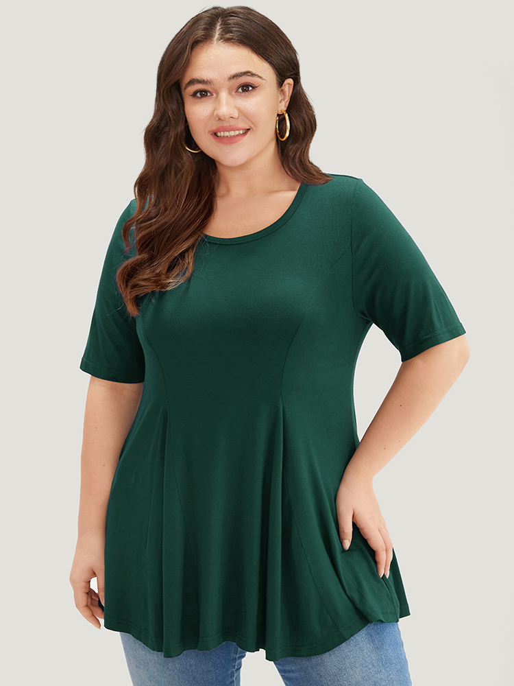 

Plus Size Solid Flutter Trim Crew Neck T-shirt DarkGreen Round Neck Short sleeve Casual Jersey Tops