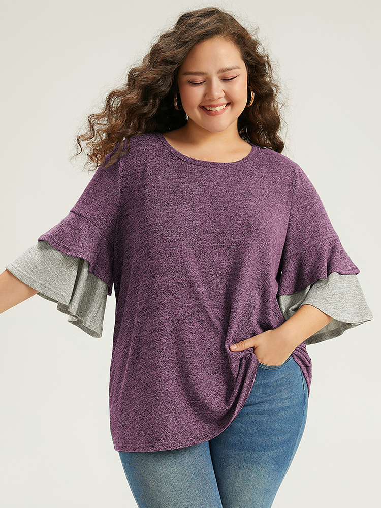 

Plus Size Contrast Layered Flutter Sleeve T-shirt Purple Round Neck Half Sleeve Casual Jersey Tops