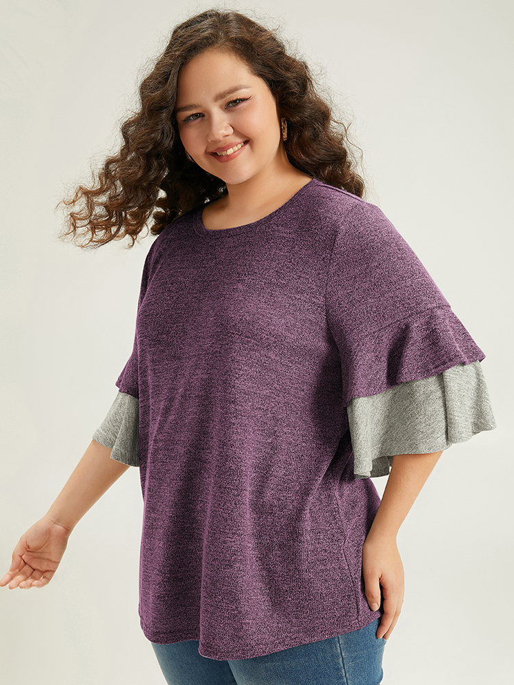 

Plus Size Contrast Layered Flutter Sleeve T-shirt Purple Round Neck Half Sleeve Casual Jersey Tops