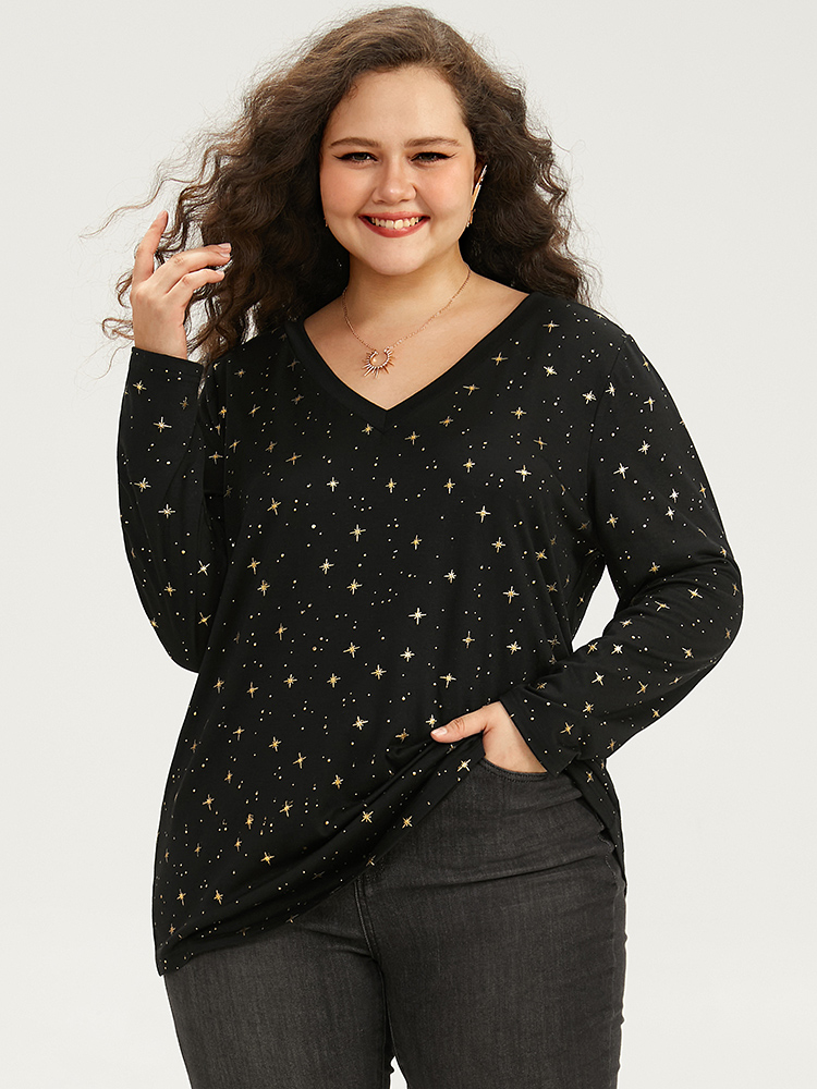 

Plus Size Halloween Glitter Star Print V Neck T-shirt Black Women Elegant Printed Moon and Star V-neck Festival-Halloween T-shirts BloomChic
