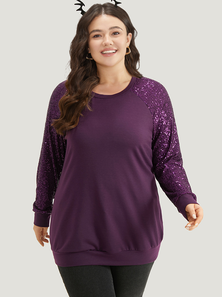 

Plus Size Halloween Sequin Round Neck Raglan Sleeve Sweatshirt Women Purple Elegant Plain Round Neck Festival-Halloween Sweatshirts BloomChic