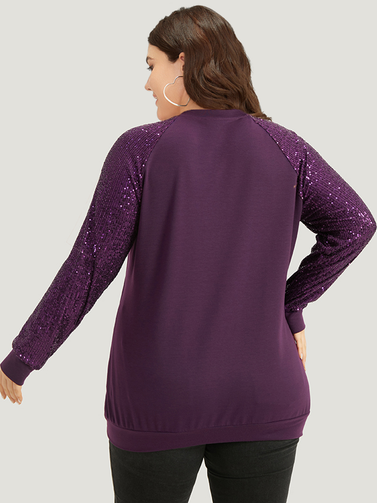 Plus Size Halloween Sequin Round Neck Raglan Sleeve Sweatshirt Women Purple Elegant Plain Round Neck Festival-Halloween Sweatshirts BloomChic 22-24/3X 