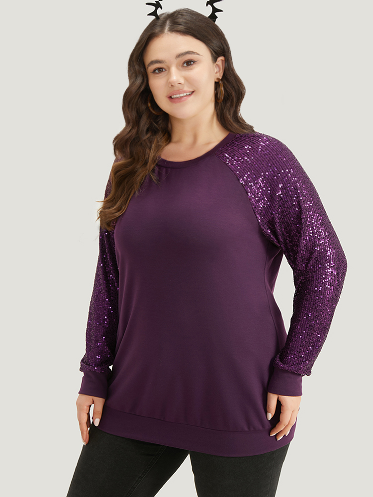 Plus Size Halloween Sequin Round Neck Raglan Sleeve Sweatshirt Women Purple Elegant Plain Round Neck Festival-Halloween Sweatshirts BloomChic 22-24/3X 