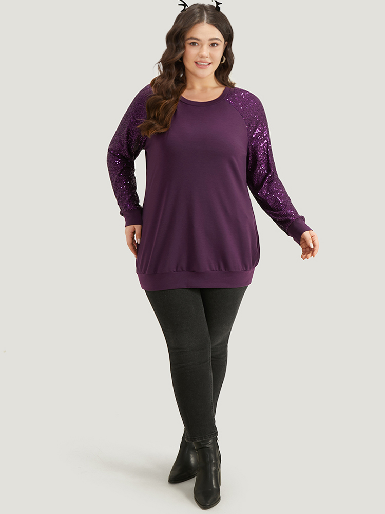 Plus Size Halloween Sequin Round Neck Raglan Sleeve Sweatshirt Women Purple Elegant Plain Round Neck Festival-Halloween Sweatshirts BloomChic 22-24/3X 
