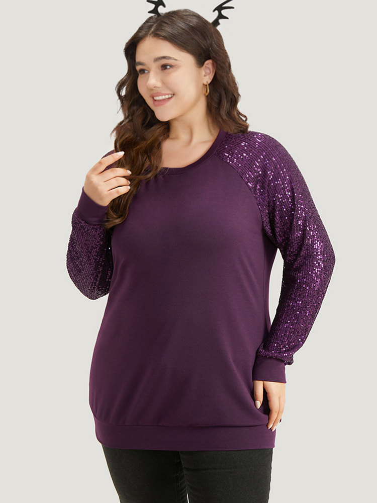 Plus Size Halloween Sequin Round Neck Raglan Sleeve Sweatshirt Women Purple Elegant Plain Round Neck Festival-Halloween Sweatshirts BloomChic 22-24/3X 
