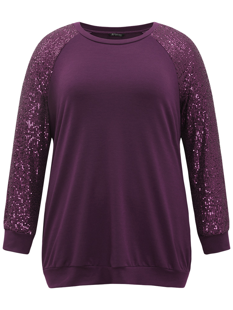 Plus Size Halloween Sequin Round Neck Raglan Sleeve Sweatshirt Women Purple Elegant Plain Round Neck Festival-Halloween Sweatshirts BloomChic 22-24/3X 