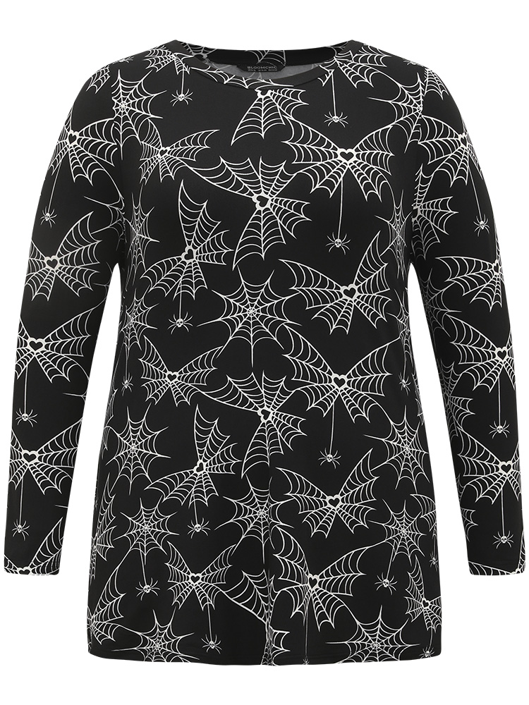 

Plus Size Halloween Spider Web Print Round Neck T-shirt Black Women Casual Printed Graphic-Halloween Round Neck Festival-Halloween T-shirts BloomChic