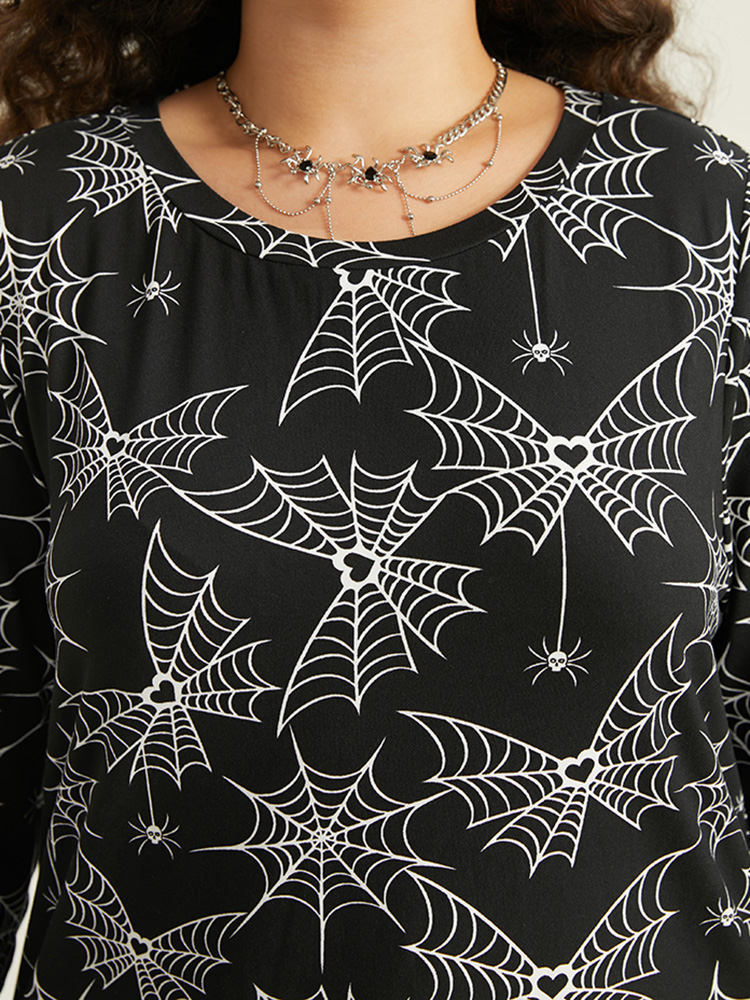 

Plus Size Halloween Spider Web Print Round Neck T-shirt Black Women Casual Printed Graphic-Halloween Round Neck Festival-Halloween T-shirts BloomChic