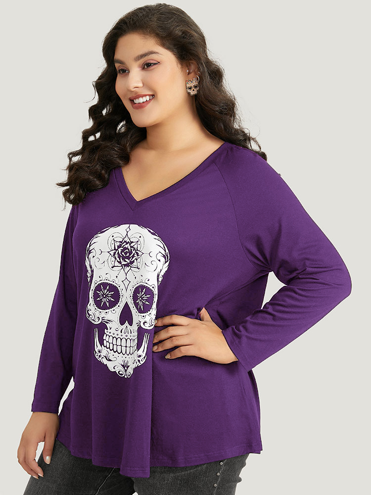 Plus Size Halloween Skull Print Long Sleeve T-shirt Purple Women Casual Printed Halloween Festival-Halloween T-shirts BloomChic 28/5X 