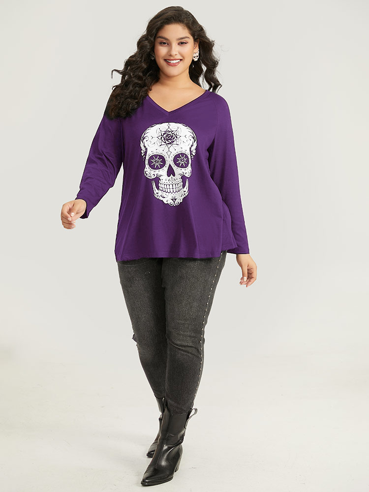 

Plus Size Halloween Skull Print Long Sleeve T-shirt Purple Women Casual Printed Halloween V-neck Festival-Halloween T-shirts BloomChic