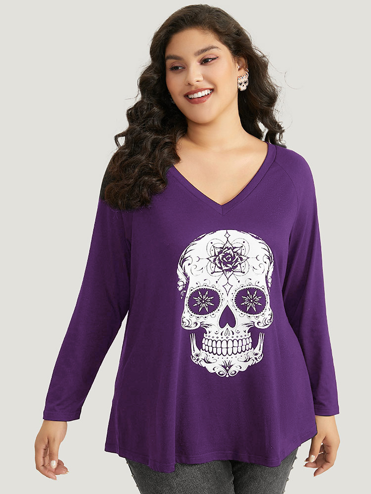 Plus Size Halloween Skull Print Long Sleeve T-shirt Purple Women Casual Printed Halloween Festival-Halloween T-shirts BloomChic 28/5X 