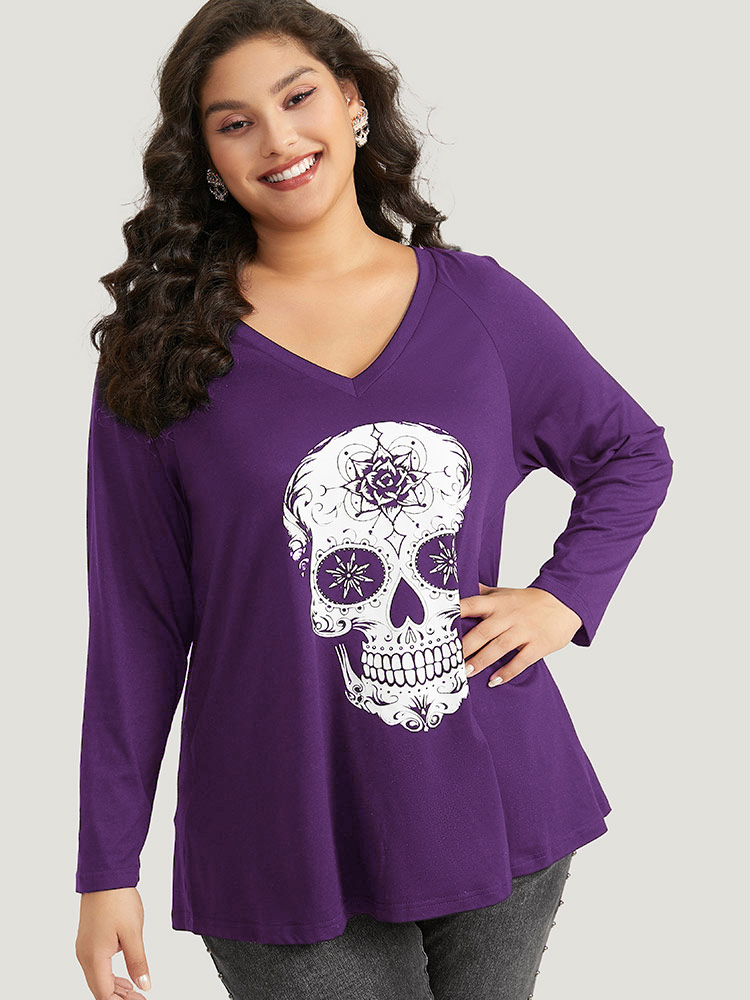 Plus Size Halloween Skull Print Long Sleeve T-shirt Purple Women Casual Printed Halloween Festival-Halloween T-shirts BloomChic 28/5X 