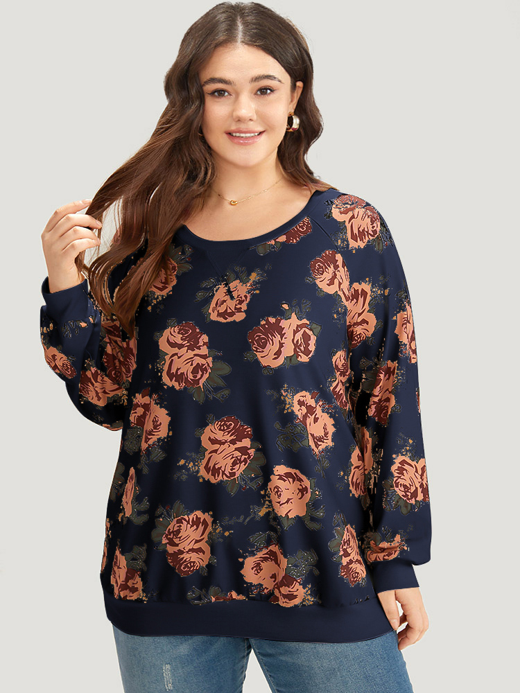 

Plus Size Floral Print Raglan Sleeve Stitch Sweatshirt Women Indigo Casual Elastic cuffs Round Neck Dailywear Sweatshirts BloomChic