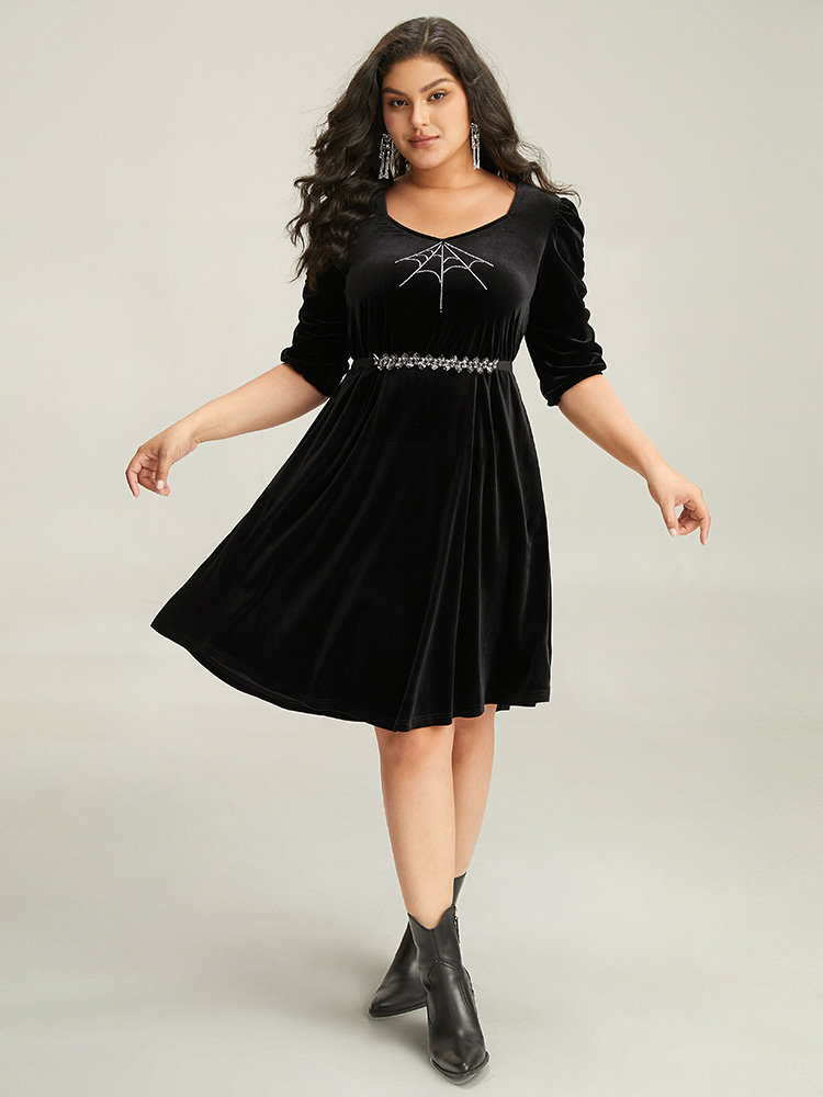 

Plus Size Halloween Velvet Rhinestone Pocket Dress Black Women Elegant Rhinestone detailing Square Neck Half Sleeve Curvy Knee Dress BloomChic