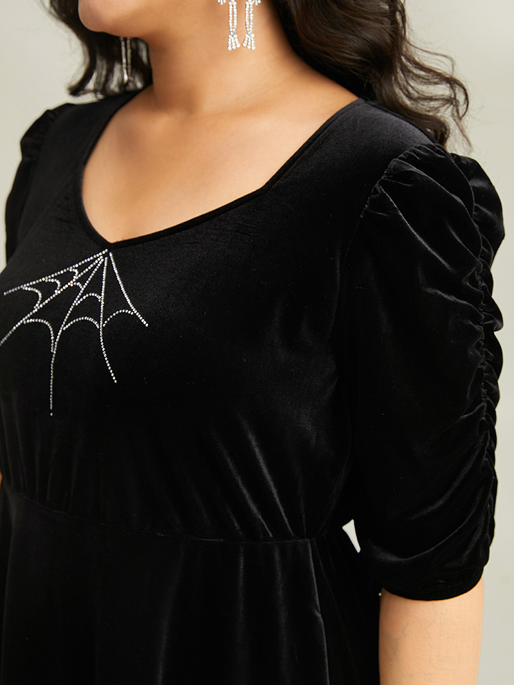 

Plus Size Halloween Velvet Rhinestone Pocket Dress Black Women Elegant Rhinestone detailing Square Neck Half Sleeve Curvy Knee Dress BloomChic