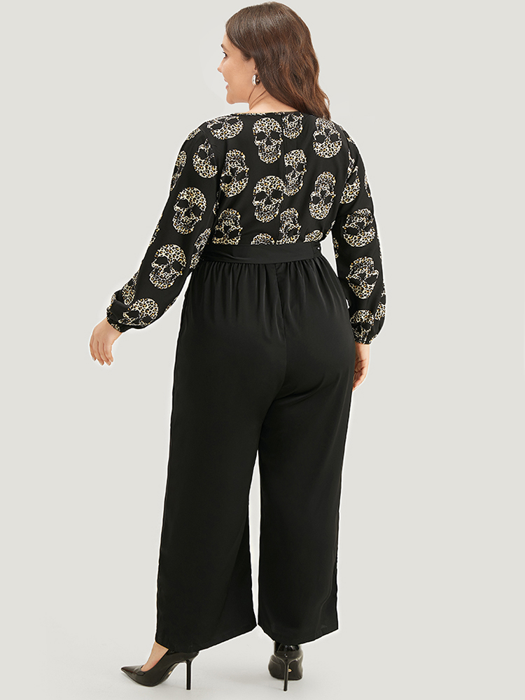 

Plus Size BlackFlower Halloween Skull Print Pocket Elastic Waist Belted Jumpsuit Women Office Long Sleeve V-neck Festival-Halloween Loose Jumpsuits BloomChic