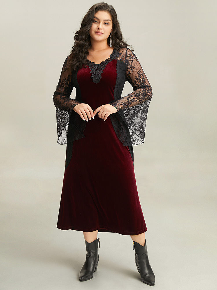 

Plus Size Halloween Eyelet Lace Mesh Bell Sleeve Dress Scarlet Women Elegant See through Round Neck Long Sleeve Curvy Midi Dress BloomChic