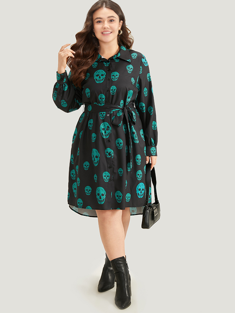 

Plus Size Halloween Skull Print Shirt Collar Belted Split Hem Dress Black Women Office Belted Shirt collar Long Sleeve Curvy Knee Dress BloomChic