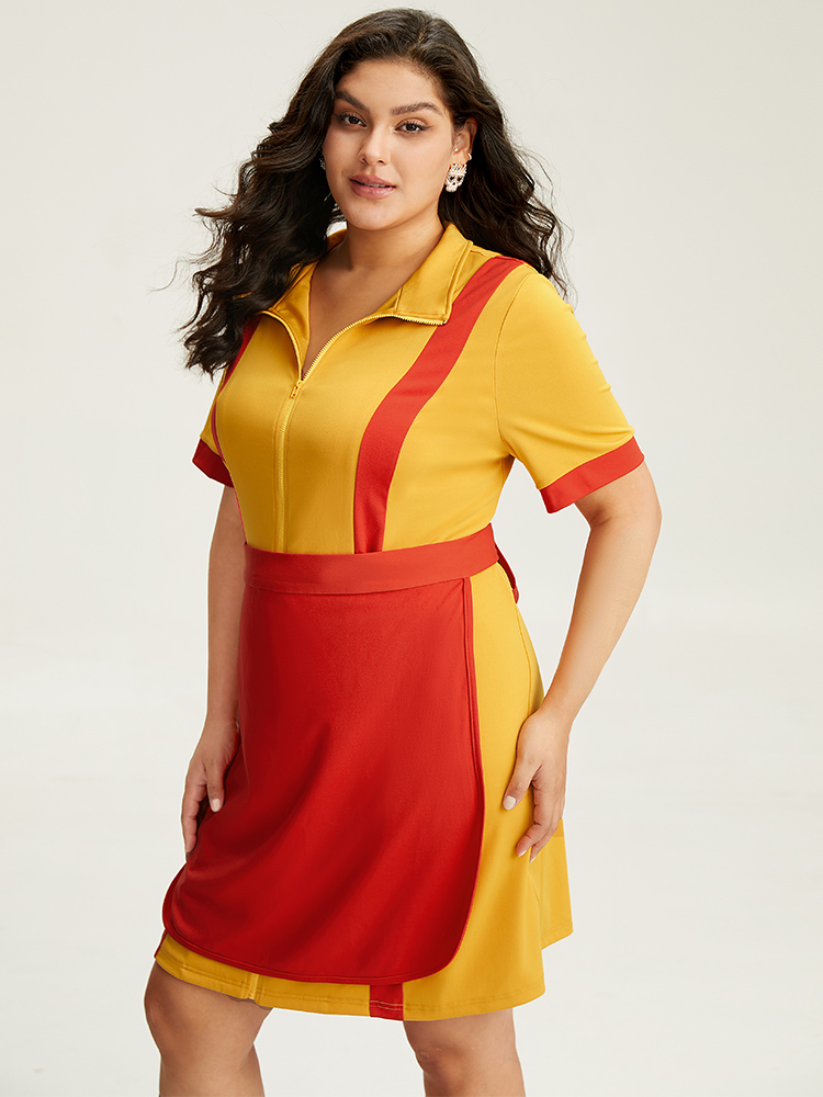 

Plus Size Halloween Broke Girls Contrast Patchwork Zipper Ties Dress Gold Women Casual Zipper Shirt collar Short sleeve Curvy Knee Dress BloomChic